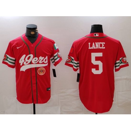 Men San Francisco 49ers 5 Trey Lance Red With Patch Cool Base Stitched Baseball Jersey 3 Men San Francisco 49ers 5 Trey Lance Red With Patch Cool Base Stitched Baseball Jersey 3