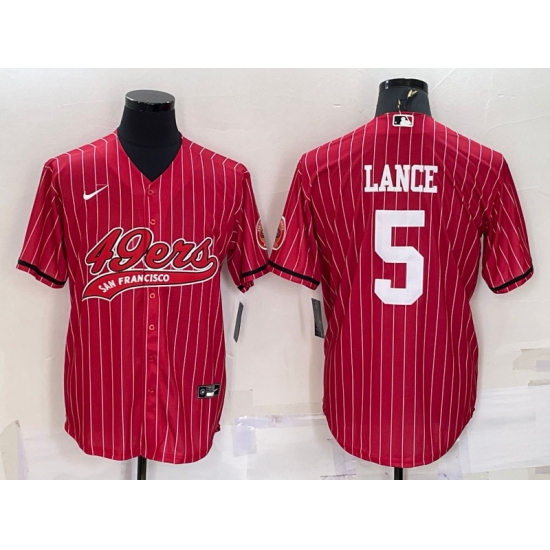 Men San Francisco 49ers 5 Trey Lance Red With Patch Cool Base Stitched Baseball Jersey Men San Francisco 49ers 5 Trey Lance Red With Patch Cool Base Stitched Baseball Jersey