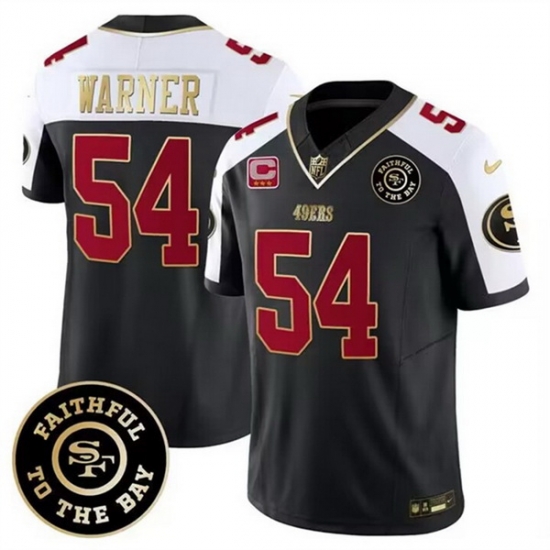 Men San Francisco 49ers 54 Fred Warner White Balck 2023 F U S E With 3 Star C Patch And Faithful To The Bay Patch Stitched Football Jersey Men San Francisco 49ers 54 Fred Warner White Balck 2023 F U S E With 3 Star C Patch And Faithful To The Bay Patch Stitched Football Jersey