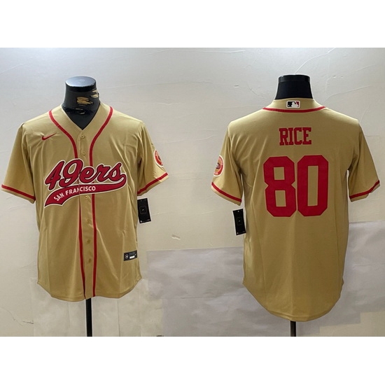 Men San Francisco 49ers 80 Jerry Rice Gold With Patch Cool Base Stitched Baseball Jersey 1 Men San Francisco 49ers 80 Jerry Rice Gold With Patch Cool Base Stitched Baseball Jersey 1
