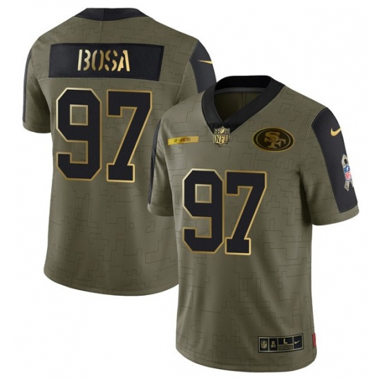 Men San Francisco 49ers 97 Nick Bosa 2021 Olive Camo Salute To Service Golden Limited Stitched Jersey Men San Francisco 49ers 97 Nick Bosa 2021 Olive Camo Salute To Service Golden Limited Stitched Jersey