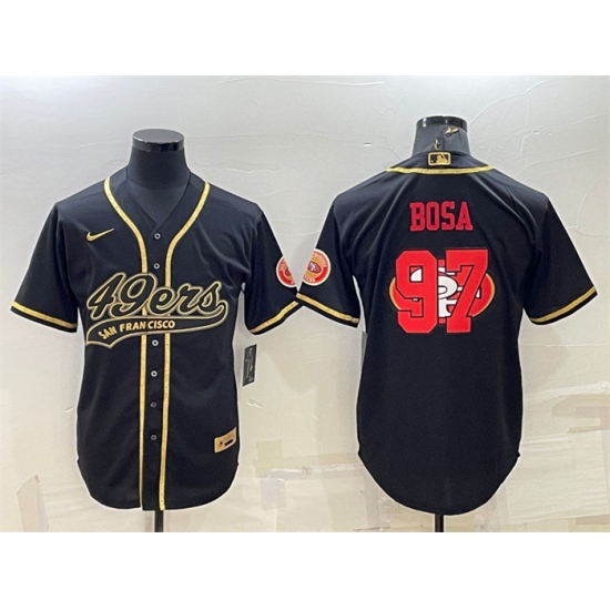 Men San Francisco 49ers 97 Nick Bosa Black Gold Team Big Logo With Patch Cool Base Stitched Baseball Jersey Men San Francisco 49ers 97 Nick Bosa Black Gold Team Big Logo With Patch Cool Base Stitched Baseball Jersey