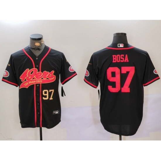 Men San Francisco 49ers 97 Nick Bosa Black With Patch Cool Base Stitched Baseball Jersey 3 Men San Francisco 49ers 97 Nick Bosa Black With Patch Cool Base Stitched Baseball Jersey 3
