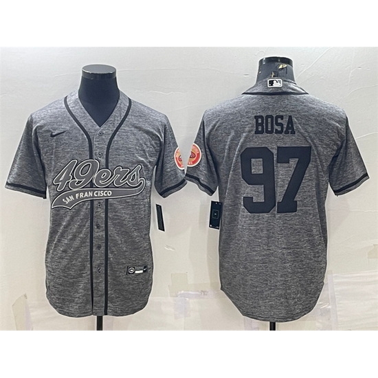 Men San Francisco 49ers 97 Nick Bosa Grey With Patch Cool Base Stitched Baseball Jersey Men San Francisco 49ers 97 Nick Bosa Grey With Patch Cool Base Stitched Baseball Jersey