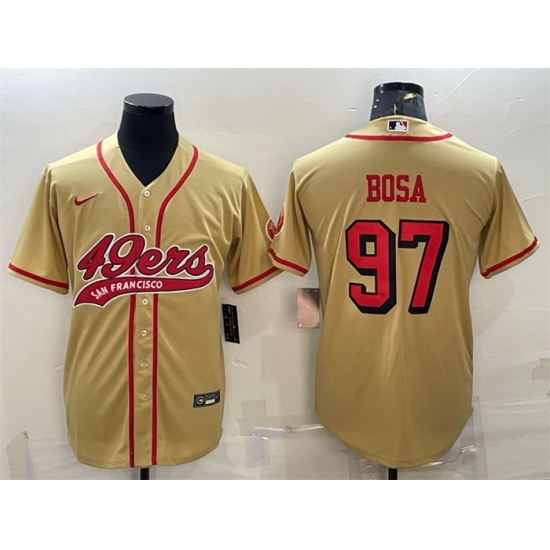 Men San Francisco 49ers 97 Nick Bosa New Gold With Patch Cool Base Stitched Baseball Jersey Men San Francisco 49ers 97 Nick Bosa New Gold With Patch Cool Base Stitched Baseball Jersey