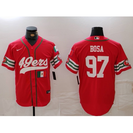 Men San Francisco 49ers 97 Nick Bosa Red With Patch Cool Base Stitched Baseball Jersey 1 Men San Francisco 49ers 97 Nick Bosa Red With Patch Cool Base Stitched Baseball Jersey 1