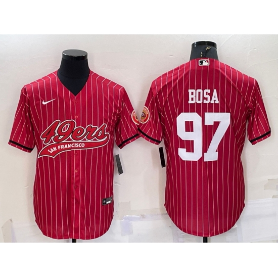 Men San Francisco 49ers 97 Nick Bosa Red With Patch Cool Base Stitched Baseball Jersey Men San Francisco 49ers 97 Nick Bosa Red With Patch Cool Base Stitched Baseball Jersey