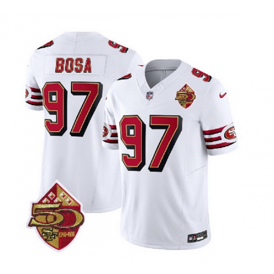 Men San Francisco 49ers 97 Nick Bosa White 2023 F U S E 50th Patch Throwback Stitched Football Jersey Men San Francisco 49ers 97 Nick Bosa White 2023 F U S E 50th Patch Throwback Stitched Football Jersey