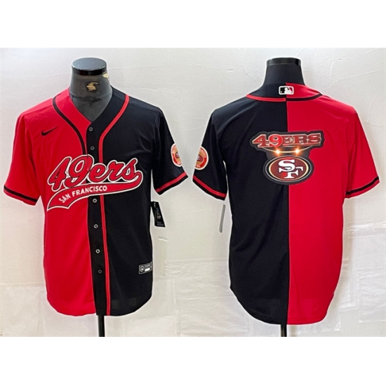 Men San Francisco 49ers Red Black Split Team Big Logo With Patch Cool Base Stitched Baseball Jersey Men San Francisco 49ers Red Black Split Team Big Logo With Patch Cool Base Stitched Baseball Jersey
