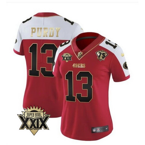 Women San Francisco 49ers 13 Brock Purdy Red White Super Bowl XXIX Patch And 75th Anniversary Patch Stitched Game Jersey Run Small Women San Francisco 49ers 13 Brock Purdy Red White Super Bowl XXIX Patch And 75th Anniversary Patch Stitched Game Jersey Run Small