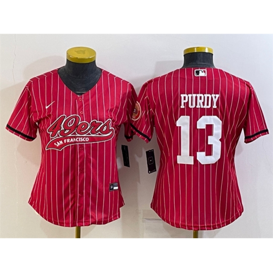 Women San Francisco 49ers 13 Brock Purdy Red With Patch Cool Base Stitched Baseball Jersey Women San Francisco 49ers 13 Brock Purdy Red With Patch Cool Base Stitched Baseball Jersey