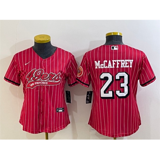 Women San Francisco 49ers 23 Christian McCaffrey New Red With Patch Cool Base Stitched Baseball JerseyS Women San Francisco 49ers 23 Christian McCaffrey New Red With Patch Cool Base Stitched Baseball JerseyS