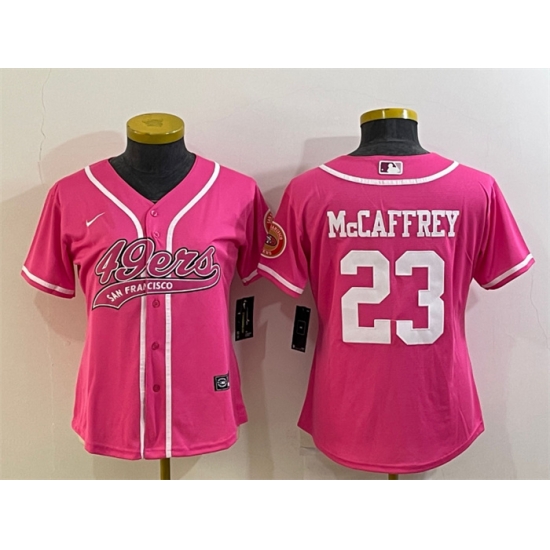 Women San Francisco 49ers 23 Christian McCaffrey Pink With Patch Cool Base Stitched Baseball Jersey Women San Francisco 49ers 23 Christian McCaffrey Pink With Patch Cool Base Stitched Baseball Jersey
