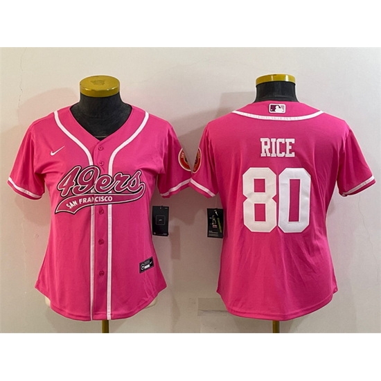 Women San Francisco 49ers 80 Jerry Rice Pink With Patch Cool Base Stitched Baseball Jersey Women San Francisco 49ers 80 Jerry Rice Pink With Patch Cool Base Stitched Baseball Jersey