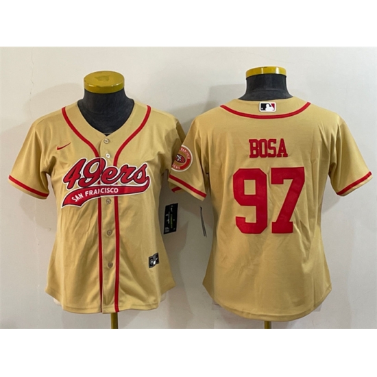 Women San Francisco 49ers 97 Nick Bosa Gold With Patch Cool Base Stitched Baseball Jersey Women San Francisco 49ers 97 Nick Bosa Gold With Patch Cool Base Stitched Baseball Jersey