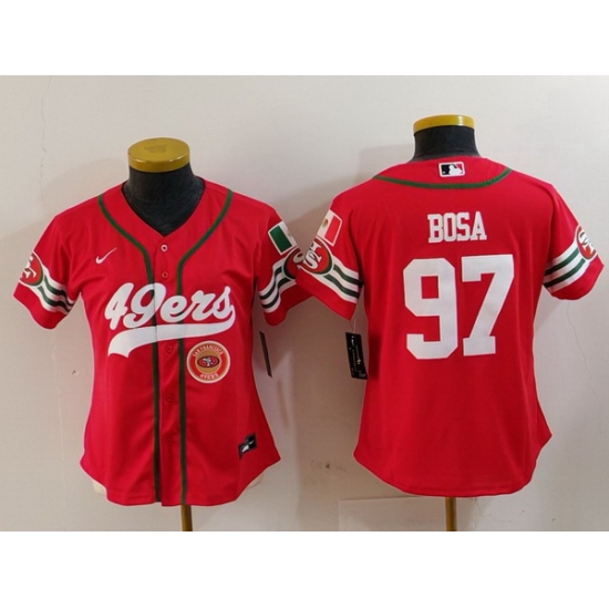 Women San Francisco 49ers 97 Nick Bosa Red Mexico With Patch Cool Base Stitched Baseball Jersey 2 Women San Francisco 49ers 97 Nick Bosa Red Mexico With Patch Cool Base Stitched Baseball Jersey 2