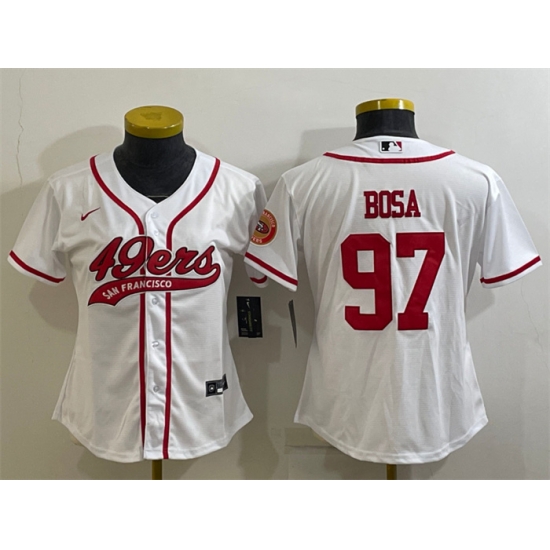 Women San Francisco 49ers 97 Nick Bosa White With Patch Cool Base Stitched Baseball Jersey Women San Francisco 49ers 97 Nick Bosa White With Patch Cool Base Stitched Baseball Jersey