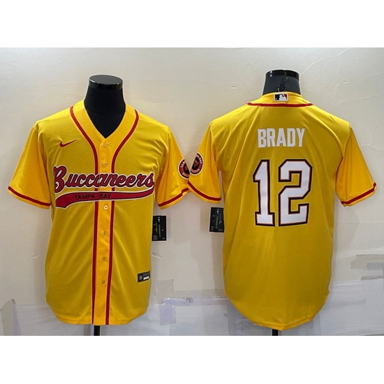Men Tampa Bay Buccaneers 12 Tom Brady Yellow Cool Base Stitched Baseball Jersey Men Tampa Bay Buccaneers 12 Tom Brady Yellow Cool Base Stitched Baseball Jersey