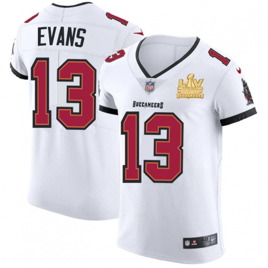 Men Tampa Bay Buccaneers 13 Mike Evans Men Super Bowl LV Champions Patch Nike White Vapor Elite Jersey Men Tampa Bay Buccaneers 13 Mike Evans Men Super Bowl LV Champions Patch Nike White Vapor Elite Jersey