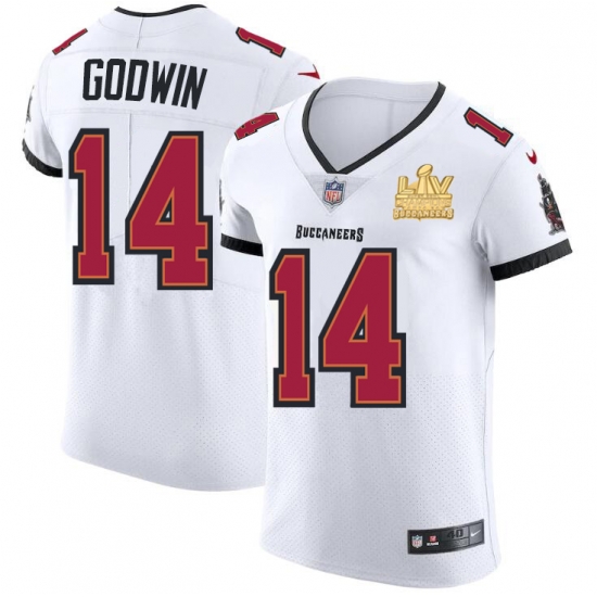 Men Tampa Bay Buccaneers 14 Chris Godwin Men Super Bowl LV Champions Patch Nike White Vapor Elite Jersey Men Tampa Bay Buccaneers 14 Chris Godwin Men Super Bowl LV Champions Patch Nike White Vapor Elite Jersey