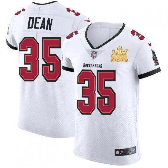 Men Tampa Bay Buccaneers 35 Jamel Dean Men Super Bowl LV Champions Patch Nike White Vapor Elite Jersey Men Tampa Bay Buccaneers 35 Jamel Dean Men Super Bowl LV Champions Patch Nike White Vapor Elite Jersey