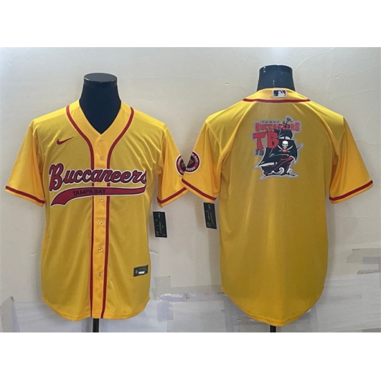 Men Tampa Bay Buccaneers Yellow Team Big Logo With Patch Cool Base Stitched Baseball Jersey Men Tampa Bay Buccaneers Yellow Team Big Logo With Patch Cool Base Stitched Baseball Jersey