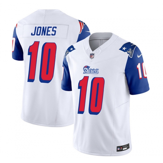 Men New England Patriots 10 Mac Jones White Blue 2023 F U S E Throwback Limited Stitched Football Jersey Men New England Patriots 10 Mac Jones White Blue 2023 F U S E Throwback Limited Stitched Football Jersey