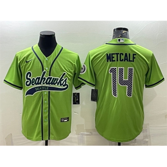 Men Seattle Seahawks 14 DK Metcalf Green With Patch Cool Base Stitched Baseball Jersey Men Seattle Seahawks 14 DK Metcalf Green With Patch Cool Base Stitched Baseball Jersey