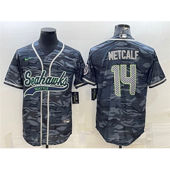 Men Seattle Seahawks 14 DK Metcalf Grey Camo With Patch Cool Base Stitched Baseball Jersey Men Seattle Seahawks 14 DK Metcalf Grey Camo With Patch Cool Base Stitched Baseball Jersey