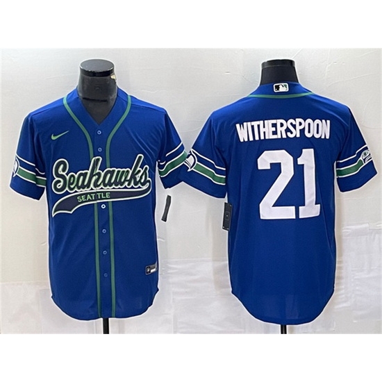 Men Seattle Seahawks 21 Devon Witherspoon Royal Throwback Cool Base Stitched Baseball Jersey Men Seattle Seahawks 21 Devon Witherspoon Royal Throwback Cool Base Stitched Baseball Jersey