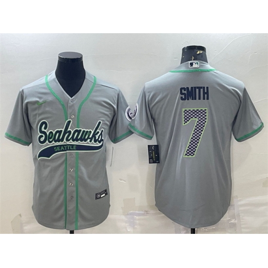 Men Seattle Seahawks 7 Geno Smith Grey With Patch Cool Base Stitched Baseball Jersey Men Seattle Seahawks 7 Geno Smith Grey With Patch Cool Base Stitched Baseball Jersey