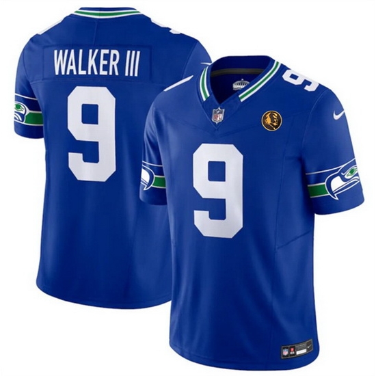 Men Seattle Seahawks 9 Kenneth Walker III Royal 2023 F U S E Throwback With John Madden Patch Vapor Limited Stitched Football Jersey Men Seattle Seahawks 9 Kenneth Walker III Royal 2023 F U S E Throwback With John Madden Patch Vapor Limited Stitched Football Jersey