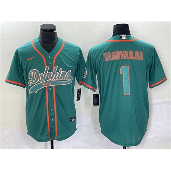 Men Miami Dolphins 1 Tua Tagovailoa Aqua Cool Base Stitched Baseball Jersey Men Miami Dolphins 1 Tua Tagovailoa Aqua Cool Base Stitched Baseball Jersey