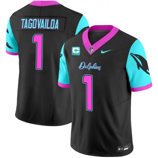 Men Miami Dolphins 1 Tua Tagovailoa Black F U S E With 2 Star C Patch Miami Vice Vapor Limited Stitched Football Jersey Men Miami Dolphins 1 Tua Tagovailoa Black F U S E With 2 Star C Patch Miami Vice Vapor Limited Stitched Football Jersey