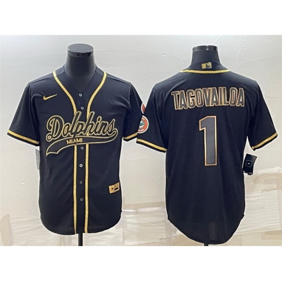 Men Miami Dolphins 1 Tua Tagovailoa Black Gold With Patch Cool Base Stitched Baseball Jersey Men Miami Dolphins 1 Tua Tagovailoa Black Gold With Patch Cool Base Stitched Baseball Jersey