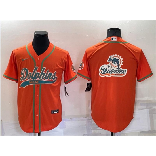 Men Miami Dolphins Orange Team Big Logo With Patch Cool Base Stitched Baseball Jersey Men Miami Dolphins Orange Team Big Logo With Patch Cool Base Stitched Baseball Jersey