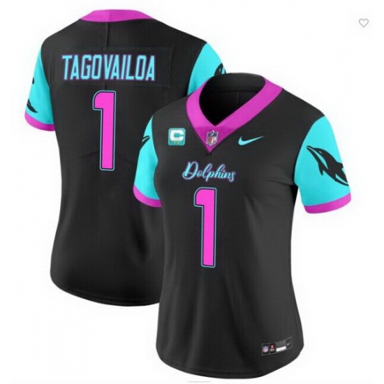 Women Miami Dolphins 1 Tua Tagovailoa Black F U S E With 2 Star C Patch 27Miami Vice 27 Vapor Limited Stitched Football Jersey Women Miami Dolphins 1 Tua Tagovailoa Black F U S E With 2 Star C Patch 27Miami Vice 27 Vapor Limited Stitched Football Jersey