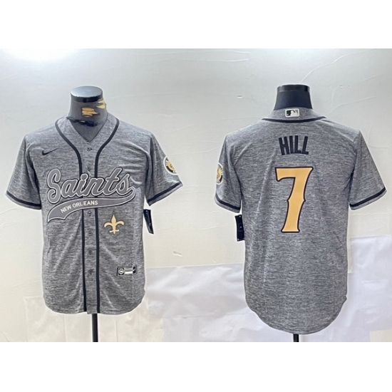 Men New Orleans Saints 7 Taysom Hill Grey With Patch Cool Base Stitched Baseball Jersey 2 Men New Orleans Saints 7 Taysom Hill Grey With Patch Cool Base Stitched Baseball Jersey 2