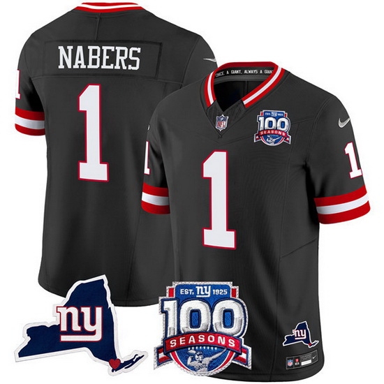 Men New York Giants 1 Malik Nabers Black 2024 F U S E 100th Season And State Patch Vapor Limited Stitched Football Jersey Men New York Giants 1 Malik Nabers Black 2024 F U S E 100th Season And State Patch Vapor Limited Stitched Football Jersey