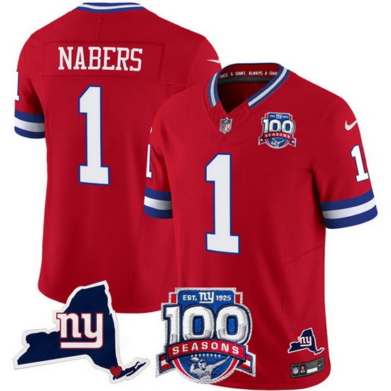 Men New York Giants 1 Malik Nabers Red 2024 F U S E 100th Season And State Patch Vapor Limited Stitched Football Jersey Men New York Giants 1 Malik Nabers Red 2024 F U S E 100th Season And State Patch Vapor Limited Stitched Football Jersey