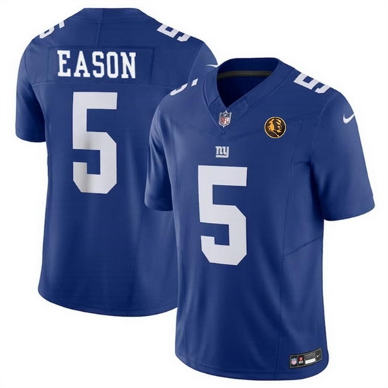 Men New York Giants 5 Jacob Eason Blue 2023 F U S E With John Madden Patch Vapor Limited Stitched Football Jersey Men New York Giants 5 Jacob Eason Blue 2023 F U S E With John Madden Patch Vapor Limited Stitched Football Jersey