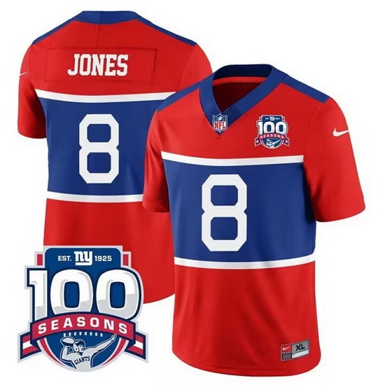 Men New York Giants 8 Daniel Jones Century Red 100TH Season Commemorative Patch Limited Stitched Football Jersey Men New York Giants 8 Daniel Jones Century Red 100TH Season Commemorative Patch Limited Stitched Football Jersey