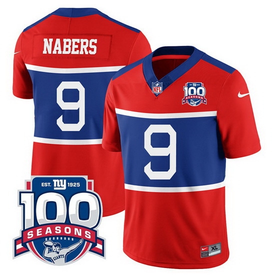 Men New York Giants 9 Malik Nabers Century Red 2024 Draft 100TH Season Commemorative Patch Limited Stitched Football Jersey Men New York Giants 9 Malik Nabers Century Red 2024 Draft 100TH Season Commemorative Patch Limited Stitched Football Jersey