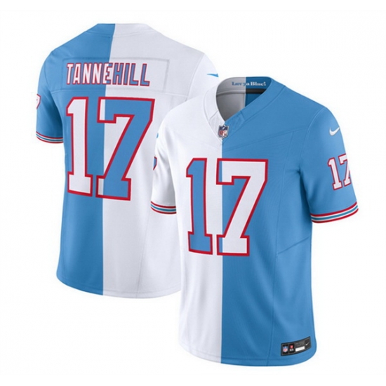 Men Tennessee Titans 17 Ryan Tannehill White Blue 2023 F U S E Split Vapor Limited Throwback Stitched Football Jersey Men Tennessee Titans 17 Ryan Tannehill White Blue 2023 F U S E Split Vapor Limited Throwback Stitched Football Jersey