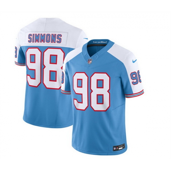 Men Tennessee Titans 98 Jeffery Simmons Blue White 2023 F U S E Vapor Limited Throwback Stitched Football Jersey Men Tennessee Titans 98 Jeffery Simmons Blue White 2023 F U S E Vapor Limited Throwback Stitched Football Jersey