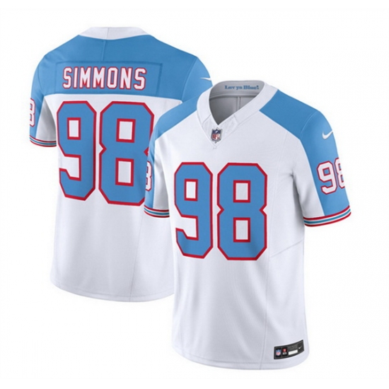 Men Tennessee Titans 98 Jeffery Simmons White Blue 2023 F U S E Vapor Limited Throwback Stitched Football Jersey Men Tennessee Titans 98 Jeffery Simmons White Blue 2023 F U S E Vapor Limited Throwback Stitched Football Jersey