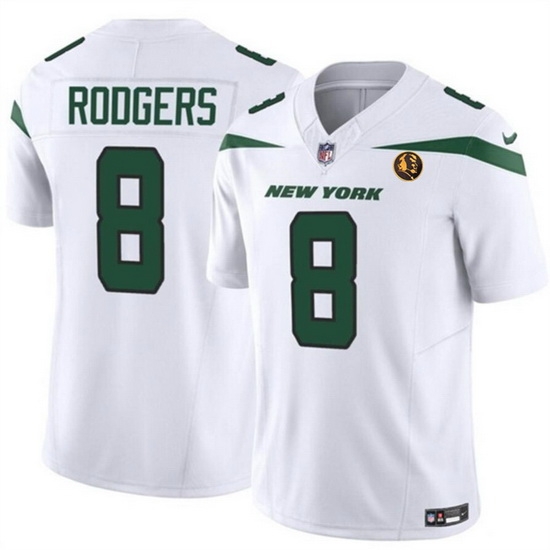 Men New York Jets 8 Aaron Rodgers White 2023 F U S E With John Madden Patch Vapor Limited Stitched Football Jersey Men New York Jets 8 Aaron Rodgers White 2023 F U S E With John Madden Patch Vapor Limited Stitched Football Jersey