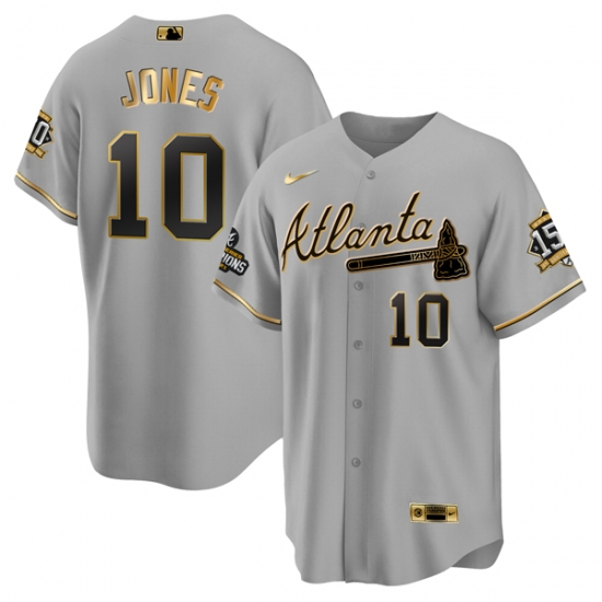 Men Atlanta Braves 10 Chipper Jones 2021 Grey Gold World Series Champions With 150th Anniversary Patch Cool Base Stitched Jersey Men Atlanta Braves 10 Chipper Jones 2021 Grey Gold World Series Champions With 150th Anniversary Patch Cool Base Stitched Jersey