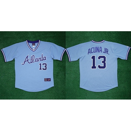 Men Atlanta Braves 13 Ronald Acuna Jr 1982 Light Blue Cool Base Stitched Baseball Jersey Men Atlanta Braves 13 Ronald Acuna Jr 1982 Light Blue Cool Base Stitched Baseball Jersey