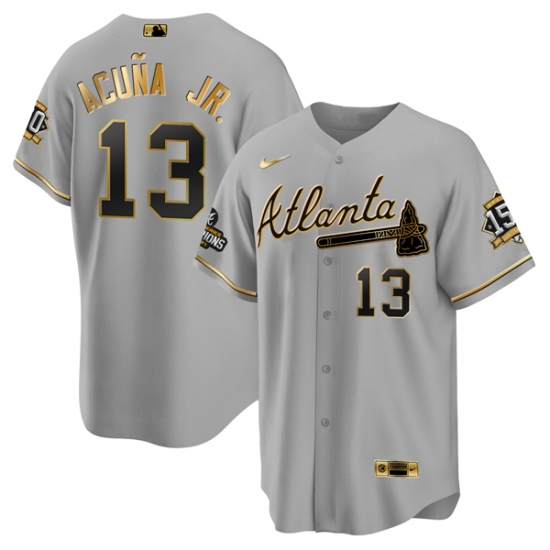 Men Atlanta Braves 13 Ronald Acuna Jr 2021 Grey Gold World Series Champions With 150th Anniversary Patch Cool Base Stitched Jersey Men Atlanta Braves 13 Ronald Acuna Jr 2021 Grey Gold World Series Champions With 150th Anniversary Patch Cool Base Stitched Jersey